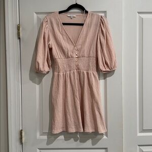 Pink V-Neck Dress with Puff Sleeves